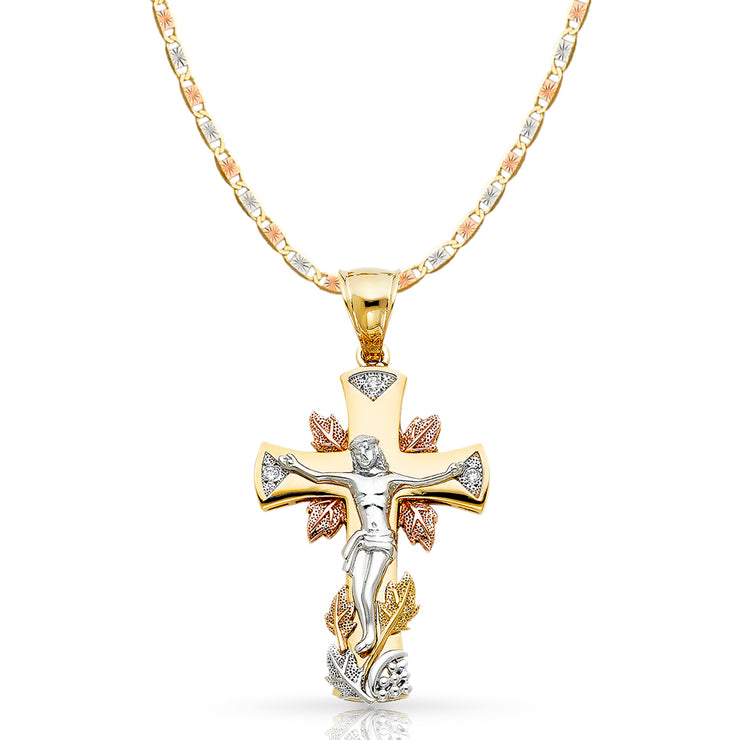 14K Gold CZ Crucifix Pendant with 4.2mm Valentino Star Diamond Cut Chain