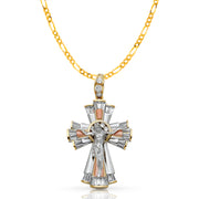 14K Gold CZ Crucifix Pendant with 3.1mm Figaro 3+1 Chain