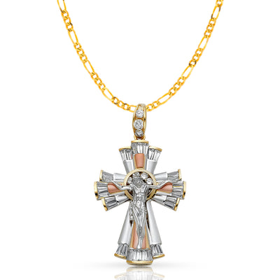 14K Gold CZ Crucifix Pendant with 3.1mm Figaro 3+1 Chain