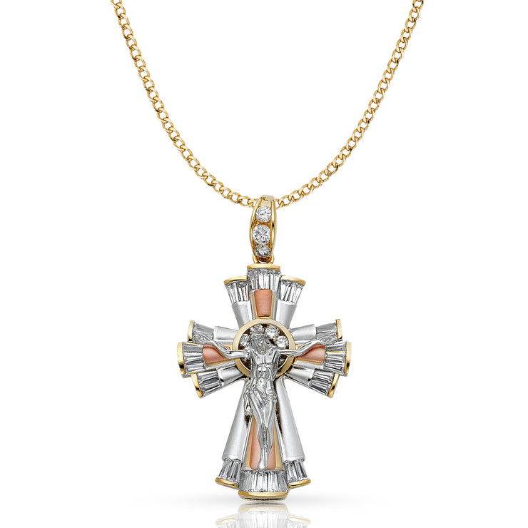 14K Gold CZ Crucifix Pendant with 3.4mm Hollow Cuban Chain