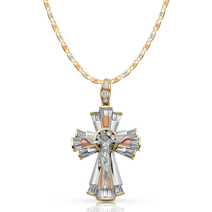 14K Gold CZ Crucifix Pendant with 4.2mm Valentino Star Diamond Cut Chain