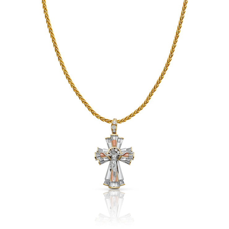 14K Gold CZ Crucifix Charm Pendant with 1.4mm Round Wheat Chain Necklace