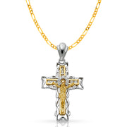 14K Gold CZ Crucifix Pendant with 3.1mm Figaro 3+1 Chain