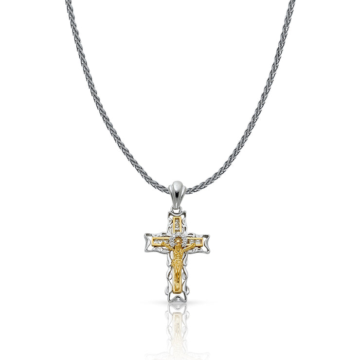 14K Gold CZ Crucifix Charm Pendant with 1.4mm Round Wheat Chain Necklace