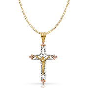 14K Gold CZ Crucifix Pendant with 3.4mm Hollow Cuban Chain