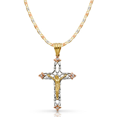 14K Gold CZ Crucifix Pendant with 4.2mm Valentino Star Diamond Cut Chain