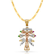 14K Gold CZ Cross of Caravaca Pendant with 3.1mm Figaro 3+1 Chain