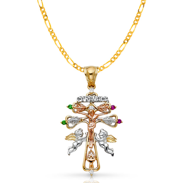 14K Gold CZ Cross of Caravaca Pendant with 3.1mm Figaro 3+1 Chain