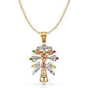 14K Gold CZ Cross of Caravaca Pendant with 3.4mm Hollow Cuban Chain