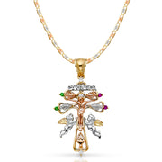 14K Gold CZ Cross of Caravaca Pendant with 4.2mm Valentino Star Diamond Cut Chain