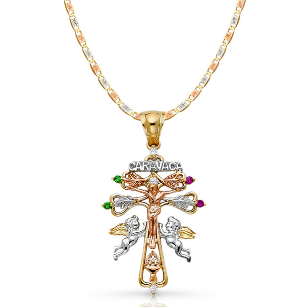 14K Gold CZ Cross of Caravaca Pendant with 4.2mm Valentino Star Diamond Cut Chain