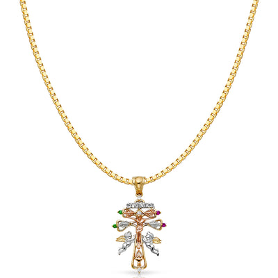 14K Gold CZ Religious Cross of Caravaca Charm Pendant with 1.2mm Box Chain Necklace