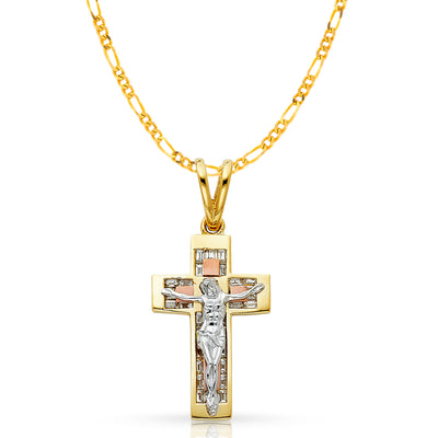 14K Gold CZ Crucifix Pendant with 3.1mm Figaro 3+1 Chain