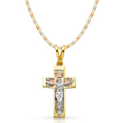 14K Gold CZ Crucifix Pendant with 4.2mm Valentino Star Diamond Cut Chain