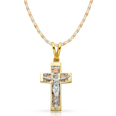 14K Gold CZ Crucifix Pendant with 4.2mm Valentino Star Diamond Cut Chain