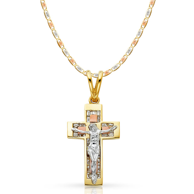 14K Gold CZ Crucifix Pendant with 4.2mm Valentino Star Diamond Cut Chain