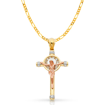 14K Gold CZ Crucifix Pendant with 3.1mm Figaro 3+1 Chain