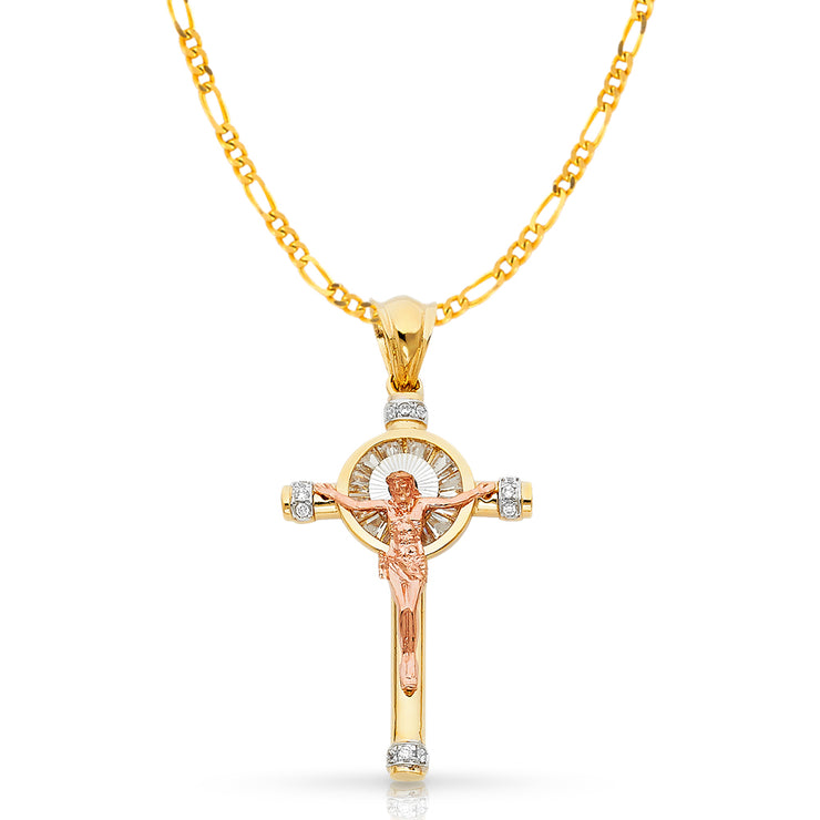 14K Gold CZ Crucifix Pendant with 3.1mm Figaro 3+1 Chain