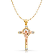 14K Gold CZ Crucifix Pendant with 3.4mm Hollow Cuban Chain