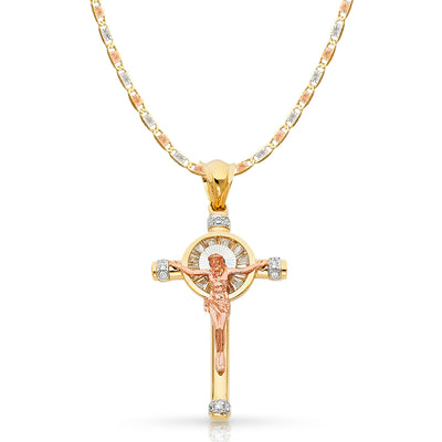 14K Gold CZ Crucifix Pendant with 4.2mm Valentino Star Diamond Cut Chain