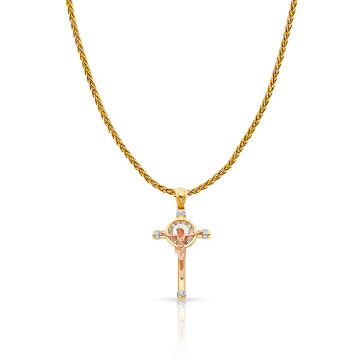 14K Gold CZ Crucifix Charm Pendant with 1.4mm Round Wheat Chain Necklace