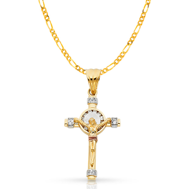 14K Gold CZ Crucifix Pendant with 3.1mm Figaro 3+1 Chain