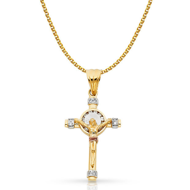 14K Gold CZ Crucifix Pendant with 1.7mm Flat Open Wheat Chain