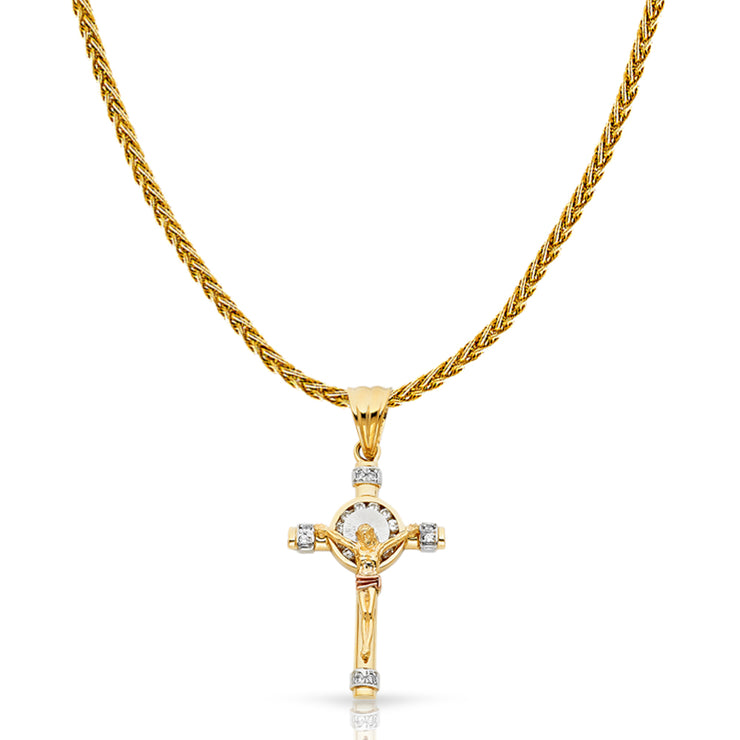 14K Gold CZ Crucifix Charm Pendant with 1.4mm Round Wheat Chain Necklace