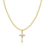 14K Gold CZ Religious Crucifix Charm Pendant with 1.2mm Box Chain Necklace