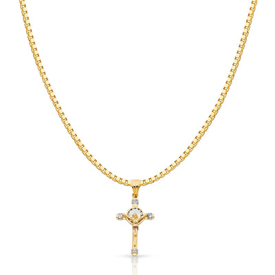 14K Gold CZ Religious Crucifix Charm Pendant with 1.2mm Box Chain Necklace