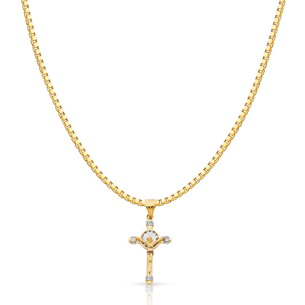 14K Gold CZ Religious Crucifix Charm Pendant with 1.2mm Box Chain Necklace