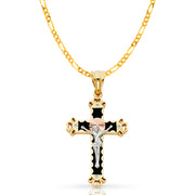 14K Gold CZ Crucifix Pendant with 3.1mm Figaro 3+1 Chain