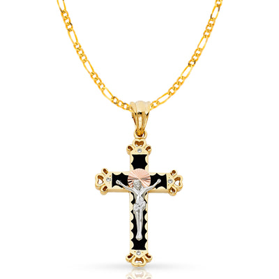 14K Gold CZ Crucifix Pendant with 3.1mm Figaro 3+1 Chain