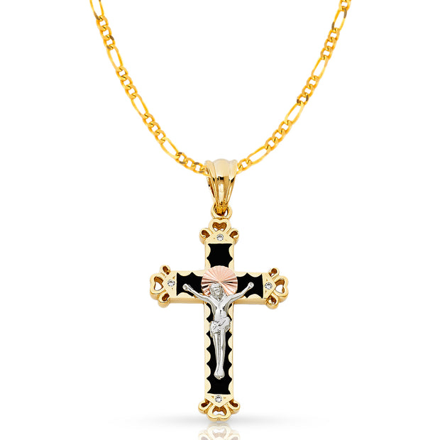 14K Gold CZ Crucifix Pendant with 3.1mm Figaro 3+1 Chain