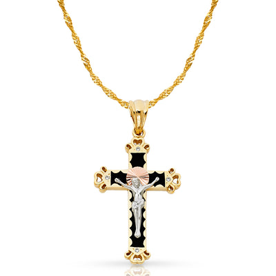 14K Gold CZ Crucifix Pendant with 1.8mm Singapore Chain