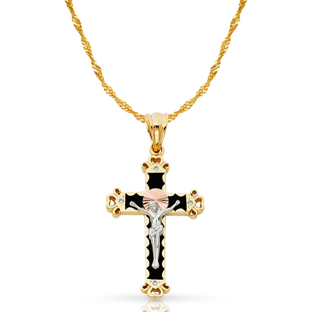 14K Gold CZ Crucifix Pendant with 1.8mm Singapore Chain