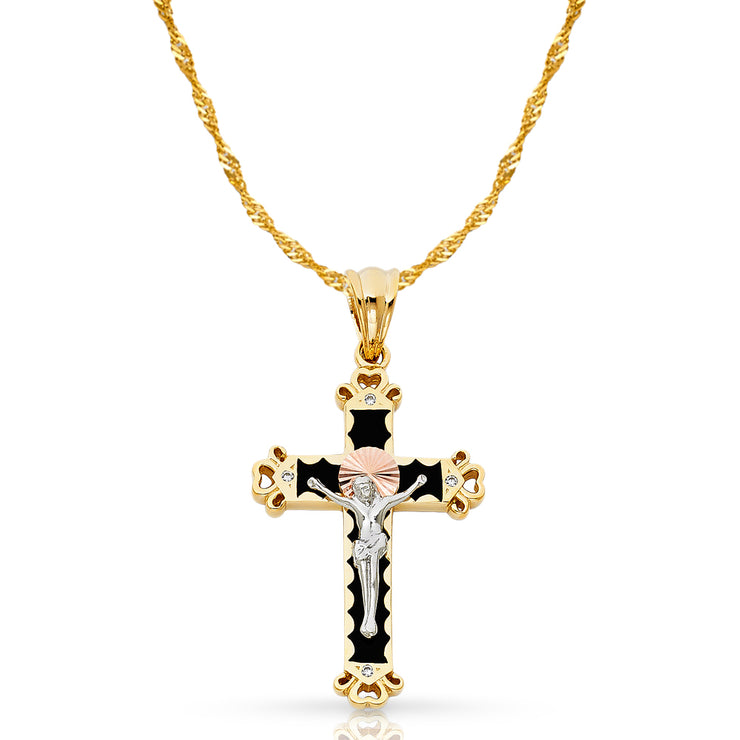 14K Gold CZ Crucifix Pendant with 1.8mm Singapore Chain