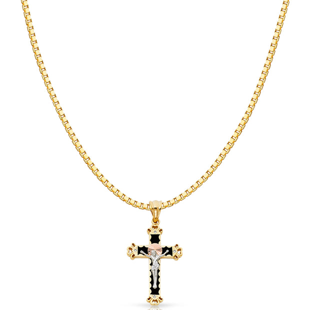 14K Gold CZ Religious Crucifix Charm Pendant with 1.2mm Box Chain Necklace