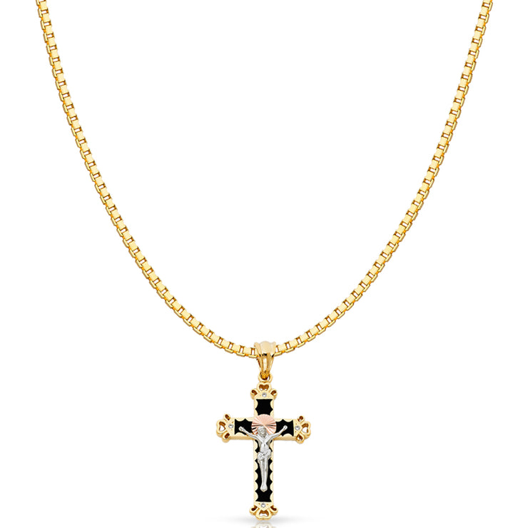 14K Gold CZ Religious Crucifix Charm Pendant with 1.2mm Box Chain Necklace