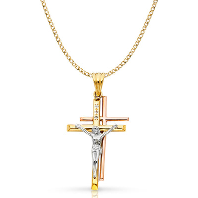 14K Gold Crucifix Pendant with 3.4mm Hollow Cuban Chain