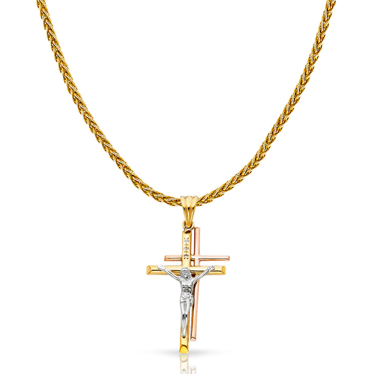 14K Gold Crucifix Charm Pendant with 1.4mm Round Wheat Chain Necklace