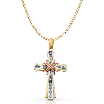 14K Gold CZ Cross Pendant with 3.4mm Hollow Cuban Chain