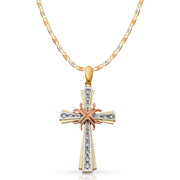 14K Gold CZ Cross Pendant with 4.2mm Valentino Star Diamond Cut Chain