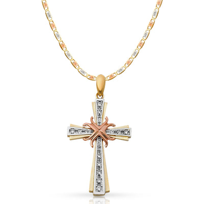 14K Gold CZ Cross Pendant with 4.2mm Valentino Star Diamond Cut Chain