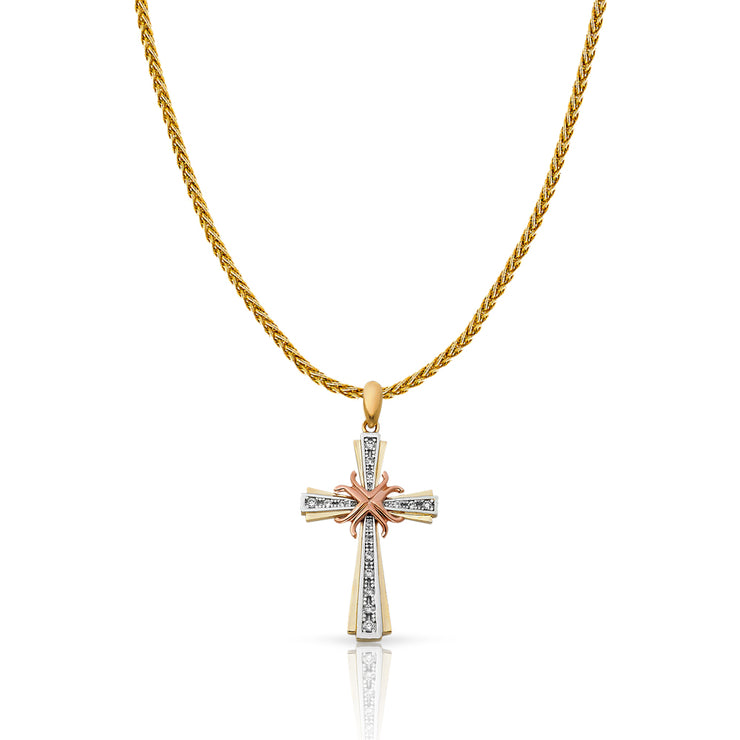 14K Gold CZ Cross Charm Pendant with 1.4mm Round Wheat Chain Necklace