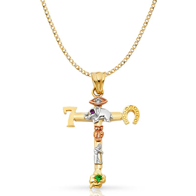 14K Gold Lucky Cross Pendant with 3.4mm Hollow Cuban Chain