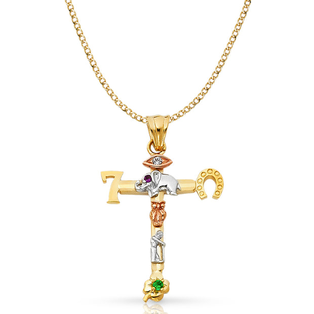 14K Gold Lucky Cross Pendant with 3.4mm Hollow Cuban Chain