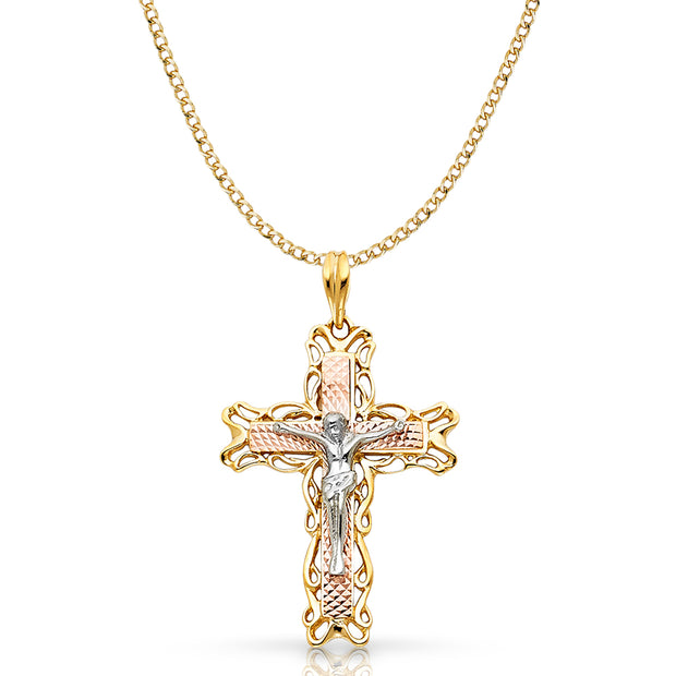 14K Gold Crucifix Pendant with 3.4mm Hollow Cuban Chain