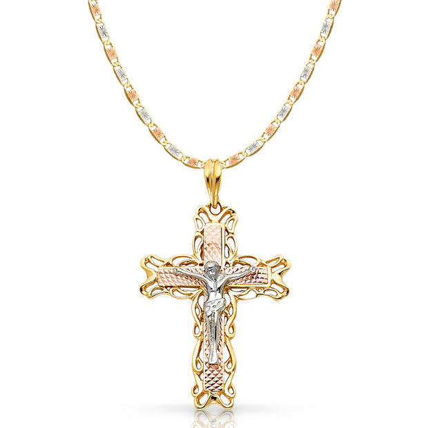 14K Gold Crucifix Pendant with 4.2mm Valentino Star Diamond Cut Chain