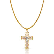 14K Gold Crucifix Charm Pendant with 1.4mm Round Wheat Chain Necklace